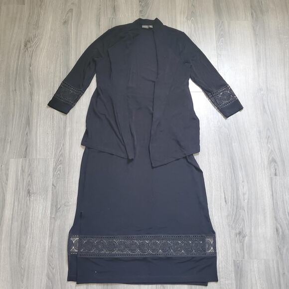 Chicos Travelers Jacket Skirt Set Womens L /2 Lace Trim Open Front Career Whimsy - Picture 1 of 13